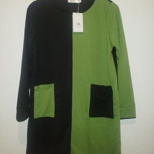 NWT XL Womens Huiermei Green Black Color Blocked Long Sleeve Tunic Dress.